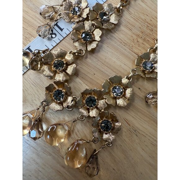 J.Crew Crystal Midnight Floral Statement Necklace Gold-Tone With Gemstone Drops - Picture 4 of 10